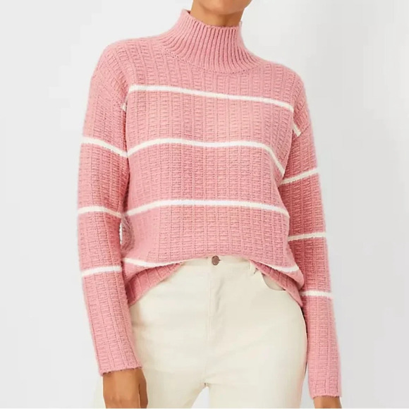 Ann Taylor Wool Blend Pink White Stripe Ribbed Turtleneck Sweater. Size Large. - Picture 9 of 11